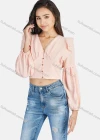Wholesale Women's Casual Plain V Neck Ruched Button Down Long Sleeve Crop Blouse - Liuhuamall