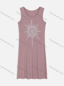 Wholesale Women's Casual Round Neck Rhinestone Sun Pattern Knit Midi Tank Dress 2217#, LIUHUA CLOTHING WHOLESALE