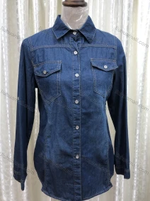 Wholesale Women's Collared Long Sleeve Button Down Flap Pockets Curved Hem Denim Shirt 1023#, LIUHUA CLOTHING WHOLESALE
