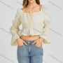 Wholesale Women's Casual Plain Print Square Neck Bow Knot Shirred Long Sleeve Crop Blouse 206# preview