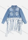 Wholesale Women's Fashion Plain Button Up Collared Long Sleeve Double Pocket Grid Tassel Denim Jacket - Liuhuamall