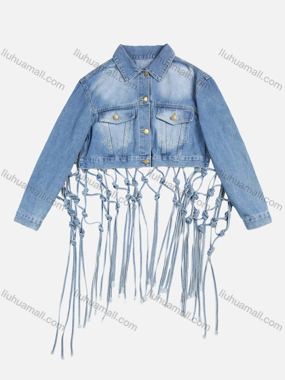 Wholesale Women's Fashion Plain Button Up Collared Long Sleeve Double Pocket Grid Tassel Denim Jacket