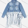 Wholesale Women's Fashion Plain Button Up Collared Long Sleeve Double Pocket Grid Tassel Denim Jacket preview