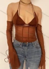 Wholesale Women's Sexy Long Sleeve Halter Backless Cutout Mesh Semi-sheer Plain Crop Top Q22TP1462# - Liuhuamall