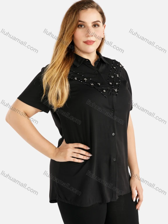 Wholesale Women's Cotton Collared Sequin Embroidery Short Sleeve Shirt