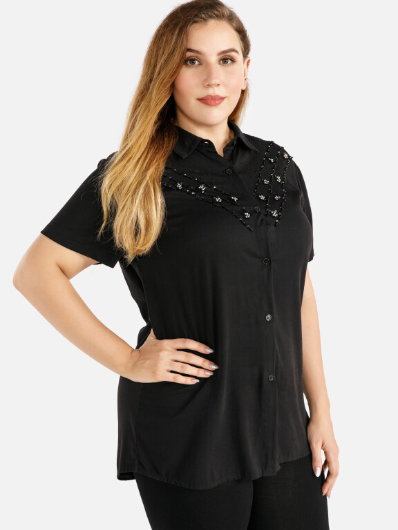 Women's Cotton Collared Sequin Embroidery Short Sleeve Shirt, Clothing Wholesale Market -LIUHUA, Women, Women-s-Suits-Blazers