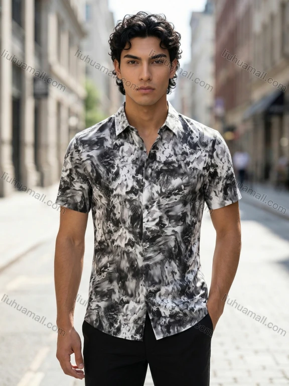 Wholesale 2026 Wholesale In Stock Men's Slim Fit Short Sleeve Abstract Ink Wash Print Shirt | Casual Streetwear Daily Wear Button