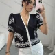 Wholesale Women's Stylish Embroidered Puff Sleeve Top Elegant Design with Floral Details Black Clothing Wholesale Market Liuhua