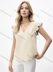 Wholesale Women's V-Neck Blouse Elegant Design with Ruffled Sleeve, LIUHUA CLOTHING WHOLESALE
