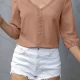 Wholesale Women's Casual V-Neck Button Up Blouse Relaxed Fit with Pintuck Details and 3/4 Sleeve Camel Clothing Wholesale Market Liuhua