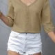 Wholesale Women's Casual V-Neck Button Up Blouse Relaxed Fit with Pintuck Details and 3/4 Sleeve Khaki Clothing Wholesale Market Liuhua