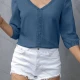 Wholesale Women's Casual V-Neck Button Up Blouse Relaxed Fit with Pintuck Details and 3/4 Sleeve Lapis Lazuli  Clothing Wholesale Market Liuhua