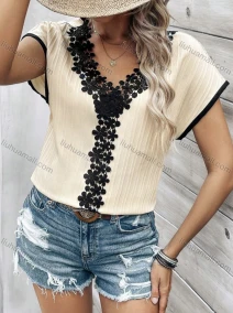 Wholesale Women's Chic Embroidered Short Sleeve Top Elegant Design with Floral Accents, LIUHUA CLOTHING WHOLESALE