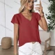 Wholesale Women's Casual V Neck Short Sleeve Top Relaxed Fit with Pleated Shoulder Details Burgundy Clothing Wholesale Market Liuhua