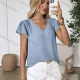 Wholesale Women's Casual V Neck Short Sleeve Top Relaxed Fit with Pleated Shoulder Details Light Blue Clothing Wholesale Market Liuhua