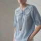 Wholesale Women's Elegant Embroidered Blouse Relaxed Fit with Tie Neck Detail and Puff Sleeves Light Blue Clothing Wholesale Market Liuhua