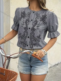 Wholesale Women's Trendy Gingham Puff Sleeve Blouse Stylish Design with Floral Embroidery and Button Closure, LIUHUA CLOTHING WHOLESALE