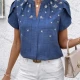 Wholesale Women's Stylish Pleated Short Sleeve Blouse Elegant Design with Embroidered Star Details Blue Clothing Wholesale Market Liuhua