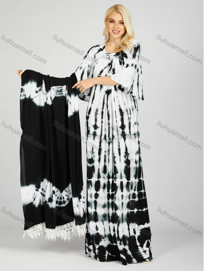 Wholesale Women's African Tie Front Ruched Half Sleeve Crew Neck Tie Dye Abstract Print Dress With Scarf 2RSF-10402#