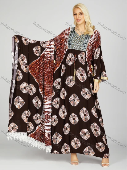 Wholesale Women's African Long Sleeve V Neck Allover Print Folk Art Drawstring Maxi Dress With Scarf