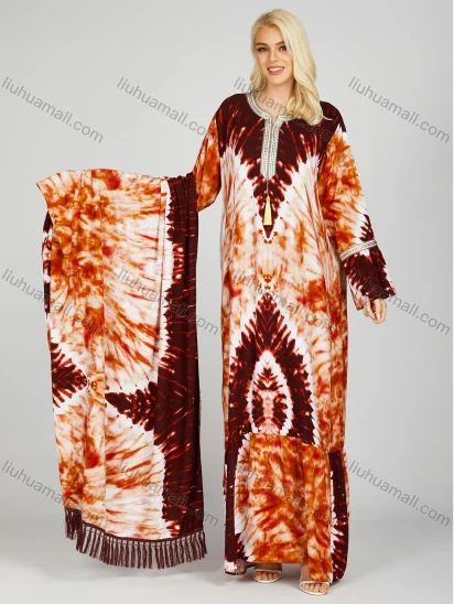 Wholesale Women's African Long Sleeve Crew Neck Tassel Tie Dye Ruched Ruffle Hem Maxi Dress With Scarf
