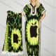 Wholesale Women's Vintage V Neck Short Sleeve Tassel Apple Abstract Print African Maxi Dress With Lace Trim Scarf Green Clothing Wholesale Market Liuhua