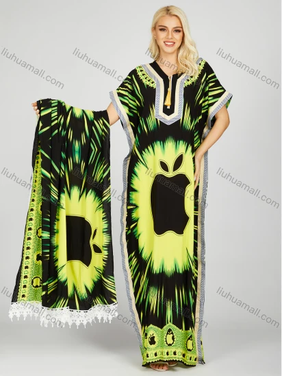 Wholesale Women's Vintage V Neck Short Sleeve Tassel Apple Abstract Print African Maxi Dress With Lace Trim Scarf