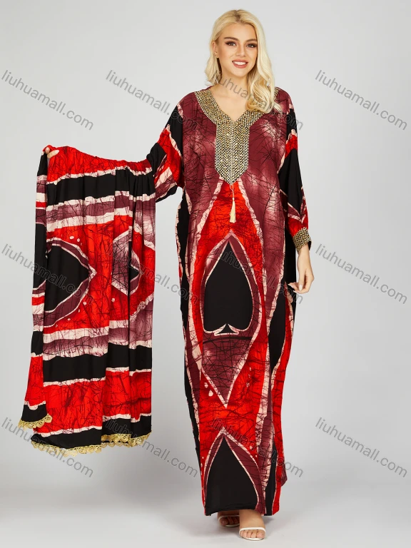 Wholesale Women's Vintage V Neck Long Sleeve Tassel Allover Abstract Print African Maxi Dress With Scarf