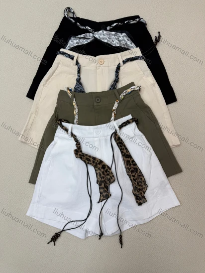 Wholesale Fashion women's solid color shorts, made of pure cotton, soft and comfortable, with a stylish scarf belt for a chic