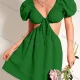 Wholesale Women's Sexy V Neck Puff Sleeve Lace Up Cutout Waist Plain Nightclub Short Dress AY179# 49# Clothing Wholesale Market Liuhua