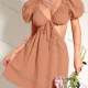 Wholesale Women's Sexy V Neck Puff Sleeve Lace Up Cutout Waist Plain Nightclub Short Dress AY179# 79# Clothing Wholesale Market Liuhua