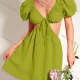 Wholesale Women's Sexy V Neck Puff Sleeve Lace Up Cutout Waist Plain Nightclub Short Dress AY179# 81# Clothing Wholesale Market Liuhua