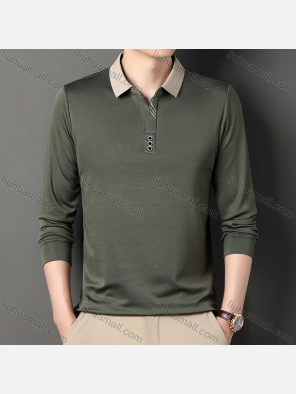 Wholesale Men's Casual Plain Collared Contrast Button Front Long Sleeve Henley Shirt 2520#