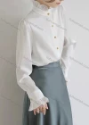 Wholesale Women's Casual Long Sleeve Ruffle Neck Button Down Plain Ruffle Trim Shirts 181921# - Liuhuamall