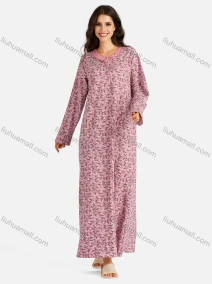 Wholesale Women's Henley Collar Floral Print Long Sleeve Lounge Maxi Nightshirt, LIUHUA CLOTHING WHOLESALE