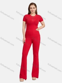 Wholesale Women's Casual Slim Fit Chain Decor Short Sleeve Ribbed Plain Blouse 2-piece Set, LIUHUA CLOTHING WHOLESALE