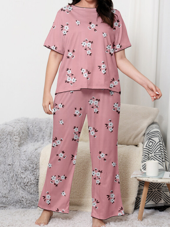 Women's Lounge Milk Silk Floral Print Short Sleeve T-shirt & Pant Soft Pajamas Sets DM02305#, Clothing Wholesale Market -LIUHUA, Women, Women-s-Underwear