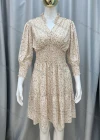 Wholesale Women's Casual Shirred 3/4 Sleeve Allover Print Short Dress - Liuhuamall