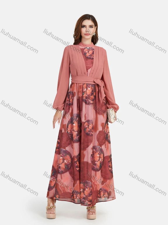 Wholesale Women's Chiffon Floral Print Long Sleeve Mock Neck Maxi Dress