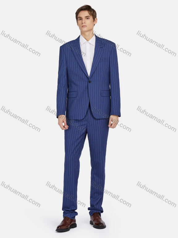 Wholesale Men's Business Striped Lapel One Button Flap Pockets Blazer & Trousers 2 Piece Sets