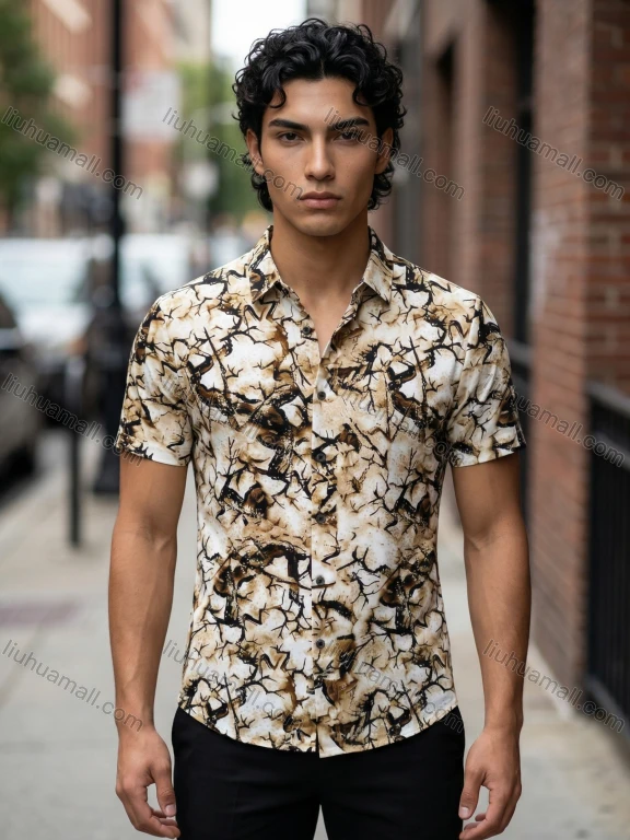 Wholesale 2026 Wholesale In Stock Men's Slim Fit Short Sleeve Shirt | Abstract Cracked Branch Print Casual Button - Down Shirt