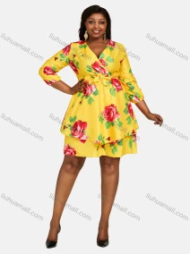 Wholesale Women's Casual Wrap V Neck Flower Print Lace Up Tiered Short Dress, LIUHUA CLOTHING WHOLESALE