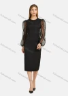 Wholesale Women's Fashion Round Neck Mesh Semi-Sheer Lantern Sleeve Plain Dress - Liuhuamall