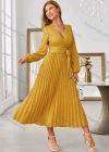 Wholesale Women's Casual Plain Wrap V Neck Long Sleeve Pleated Midi Dress With Belt - Liuhuamall