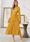 Wholesale Women's Casual Plain Wrap V Neck Long Sleeve Pleated Midi Dress With Belt - Liuhuamall