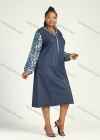 Wholesale Women's Casual V Neck Leopard Print Ruffled Long Puff Sleeve Midi Denim Dress - Liuhuamall
