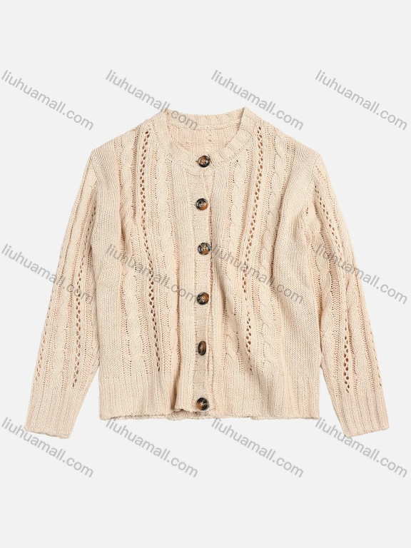 Wholesale Women's Rib-Knit Round Neck Long Sleeve Button Up Hollow Out Comfy Sweater