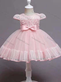 Wholesale Girls Lovely Cap Sleeve Embroidery Bow Knot Pleated Dress, LIUHUA CLOTHING WHOLESALE