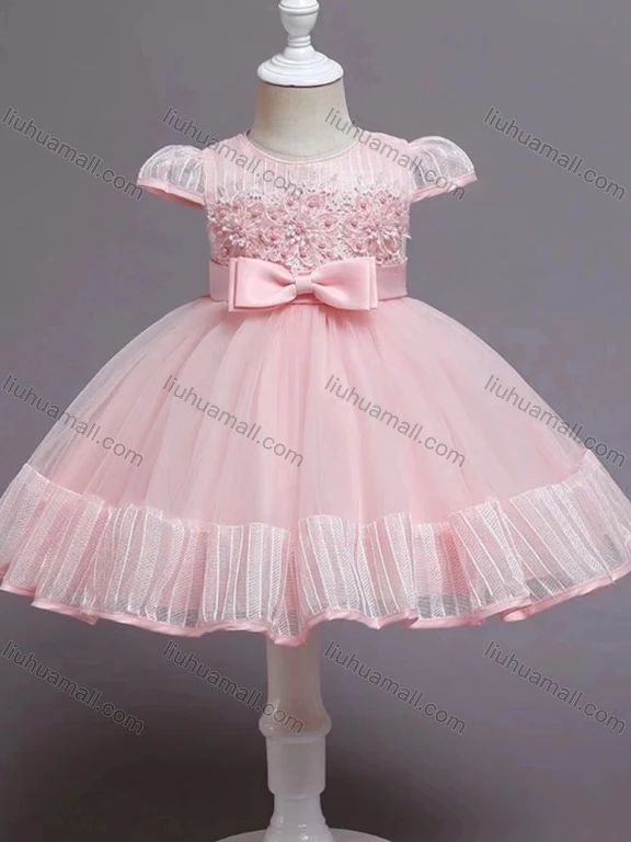 Wholesale Girls Lovely Cap Sleeve Embroidery Bow Knot Pleated Dress