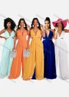 Wholesale Women's Sexy Plain Deep V Neck Crossover Cut Out Wide Leg Floor Length Jumpsuit - Liuhuamall